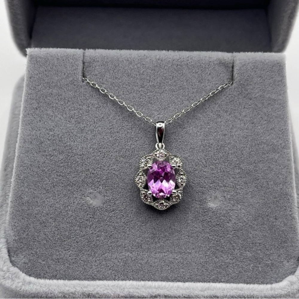 1.25 CT Oval Cut Pink Sapphire and .30 CT Diamond Necklace 925 Sterling Silver